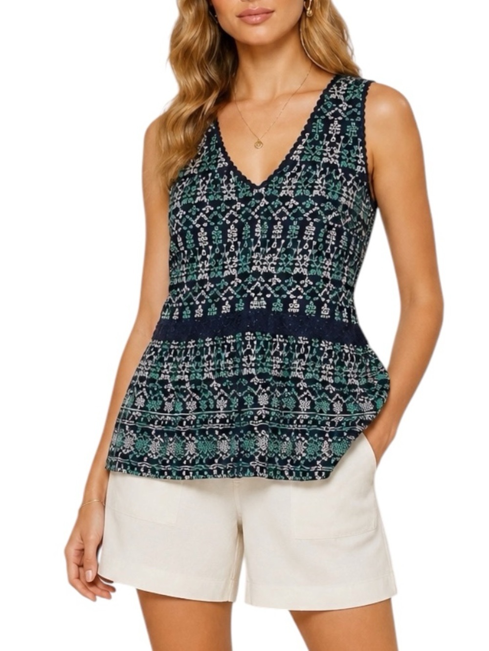 NWT MAEVE Sleeveless V-Neck Embroidered Peplum Flowy Tank Top Size Small